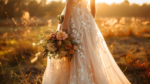 La robe de la mariée brille à la lumière du soleil