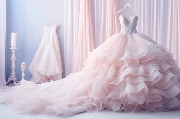 Une robe de mariée sur un cintre avec une robe rose dessus