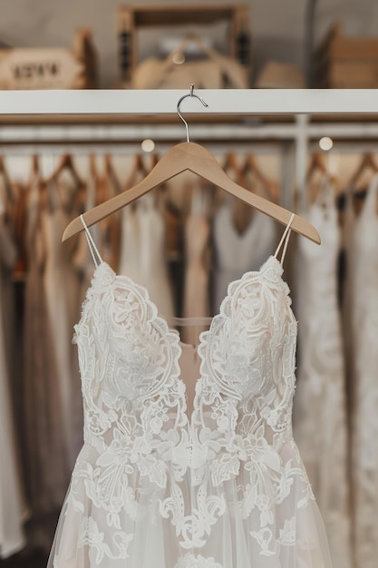 Une robe de mariée élégante sur un cintre dans une boutique de mariées