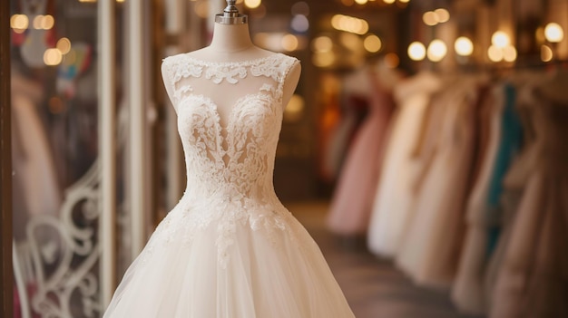 Une robe de mariée élégante avec un corsage en dentelle accrochée à un mannequin dans une boutique de mariée