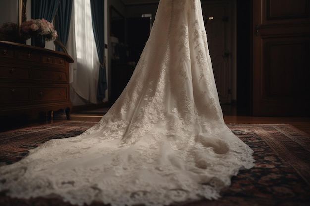 La robe d'une mariée est montrée dans une pièce sombre avec une fenêtre derrière elle.