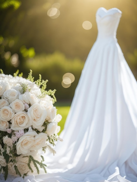 Robe de mariée et fleurs de mariée avec espace copie ai génératif