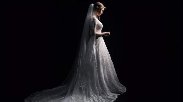 Robe de mariée sur fond noir IA générative