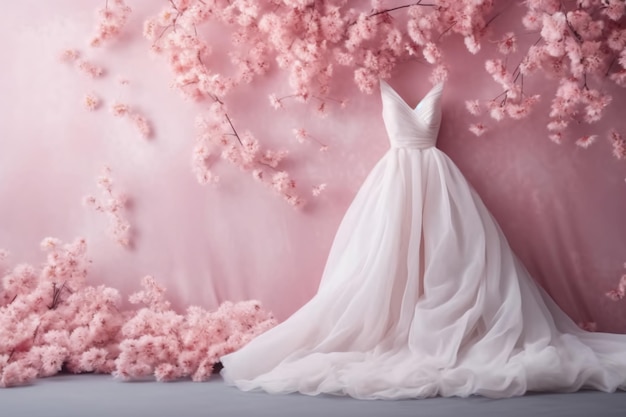 Une robe de mariée à fond rose avec un fond rose