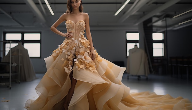 Une robe de mariée inspirée de la haute couture dans un concept de mode ocre