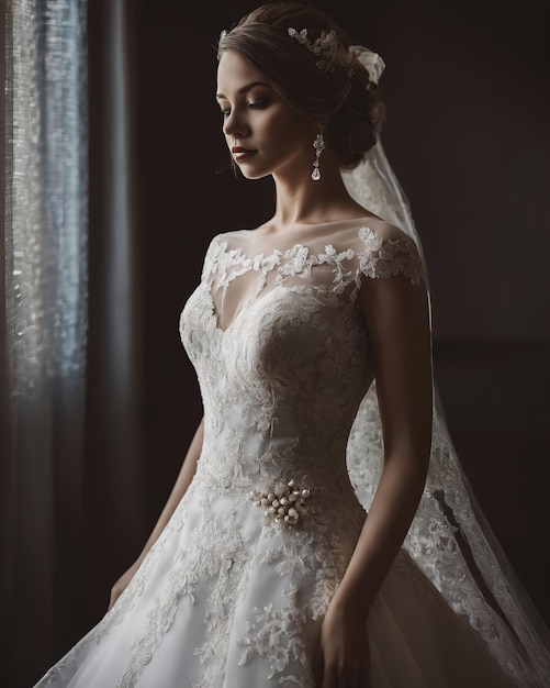 robe de mariée sur un mannequin dans un salon de mariée ai génératif