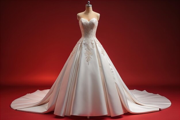 Robe de mariée sur un mannequin sur un fond rouge