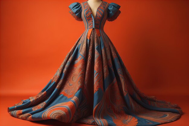 Robe de mariée sur un mannequin sur un fond rouge