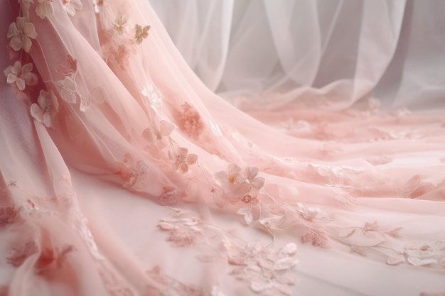 Une robe de mariée rose avec des fleurs dessus