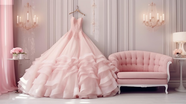 robe de mariée rose gros plan dans la salle du salon de la mariée