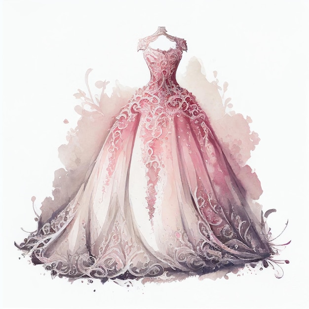 Robe de mariée rose style aquarelle Generative AI