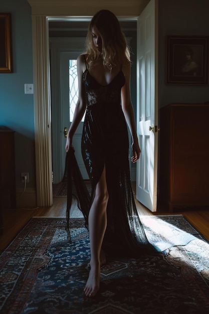 robe noire à l'avant dans le style de l'éclairage claire-obscur