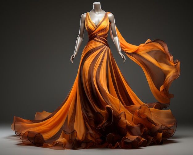 une robe orange sur un mannequin dans une pièce avec des bougies