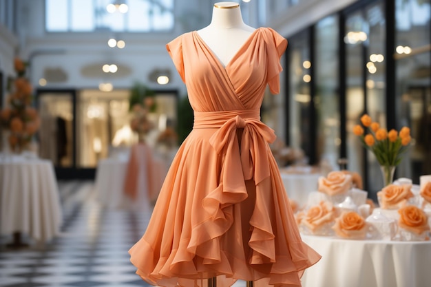 La robe orange pastel sur un présentoir mettant en valeur sa teinte douce et délicate pour un charme