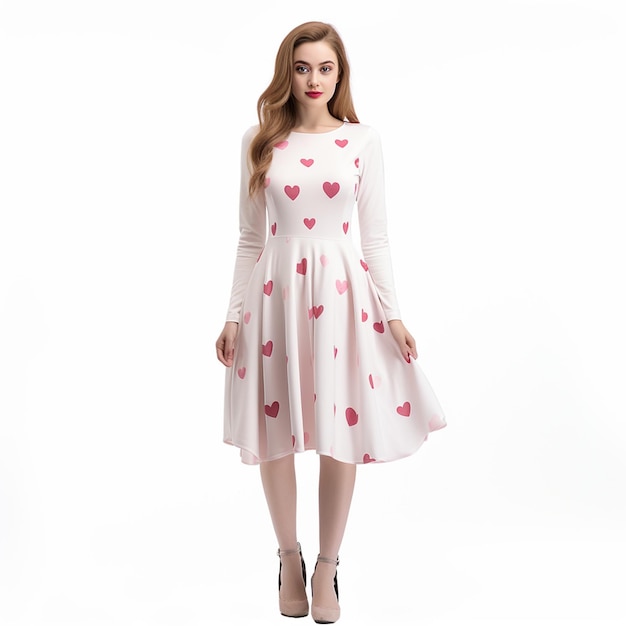 Robe ronde à manches longues avec motif imprimé cœur d'amoureux rose, pour femmes