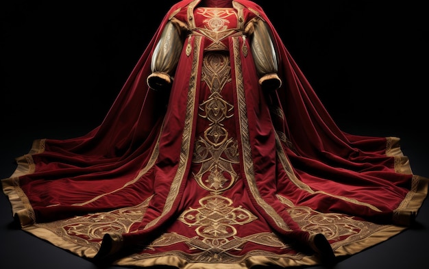 La robe rouge et dorée avec la cape rouge