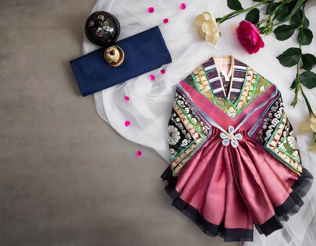 La robe de soie traditionnelle coréenne Hanbok colorée et les ornements pour les femmes Concept de salut de vacances w