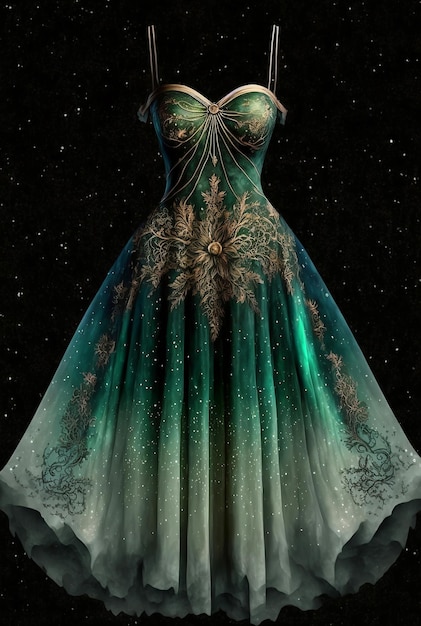 Robe de soirée verte à décor doré sur fond sombre