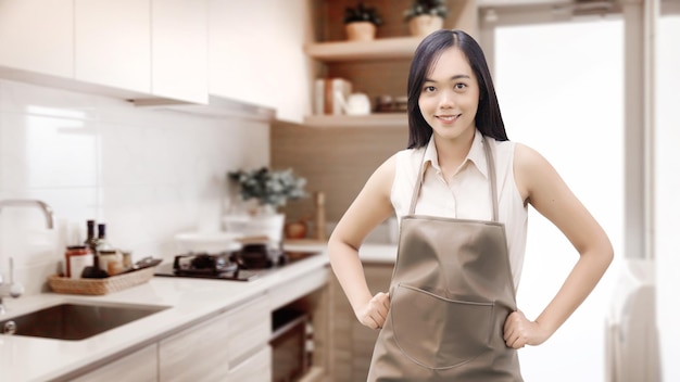 Robe tablier de femme asiatique sur la cuisine à la maison