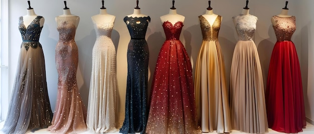 Photo des robes élégantes dans un affichage de boutique chic modeconcept d'élégance mode des robes élegantes dans un exposition de boutique chique