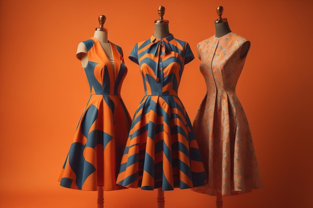 Photo des robes de femme sur un mannequin en arrière-plan de studio orange