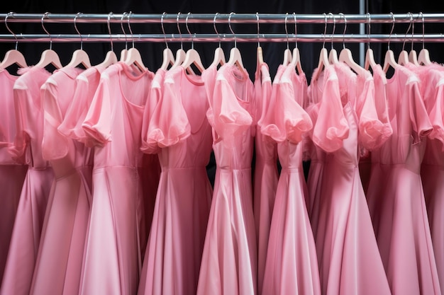 Des robes roses dans le style de Barbie Pink sont accrochées aux cintres du magasin.