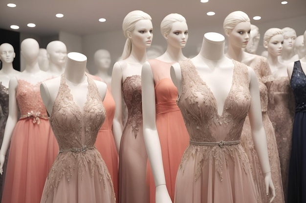 Des robes de soirée luxueuses sur des mannequins dans le magasin.