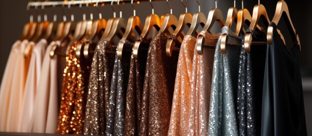 Photo des robes de soirée luxueuses en paillettes sur des cintres