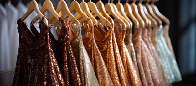 Des robes de soirée luxueuses en paillettes sur des cintres