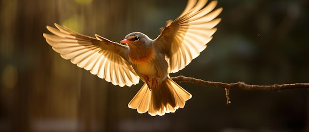 robin en vol dans une belle lumière avec un rétroéclairage venant à travers les ailes