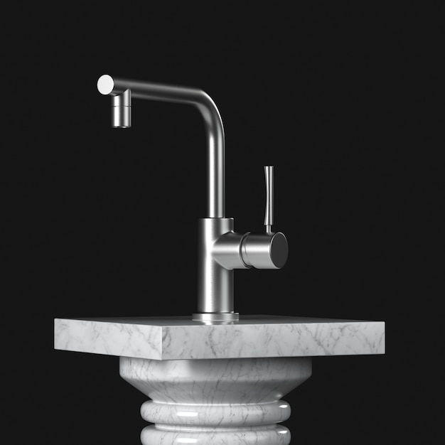 Photo robinet d'eau de cuisine moderne en acier inoxydable, robinet sur socle en marbre, scène, podium ou colonne sur fond noir. rendu 3d