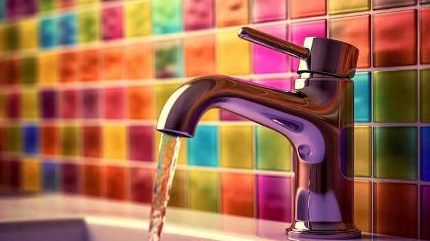 Robinet d'eau de fragment de conception de salle de bains et gros plan de carreaux de céramique AI généré