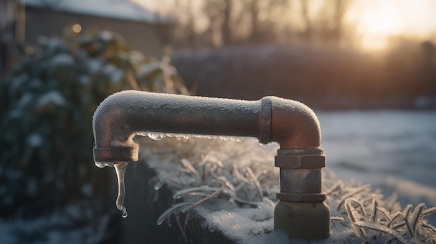 Robinet d'eau de jardin gelé lors d'un froid matin d'hiver tuyaux et robinets gelés