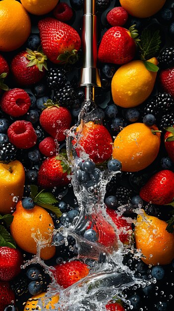 Un robinet d'eau verse de l'eau sur un bouquet de fruits