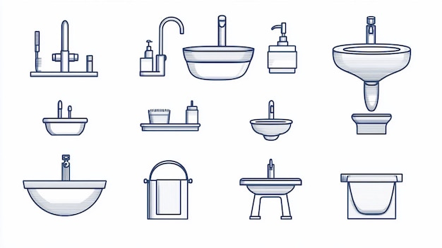 Le robinet de l'évier de la salle de bain, le distributeur de savon, la serviette, le support de la brosse à dents, les icônes