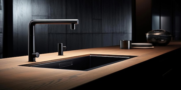 robinet moderne sous le poêle en noir et bois dans le style de transitions tonales douces