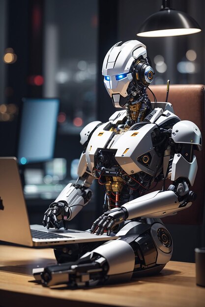 Robo conseiller chatbot concept robotique robot pointez le doigt vers l'ordinateur portable bouton génératif ai