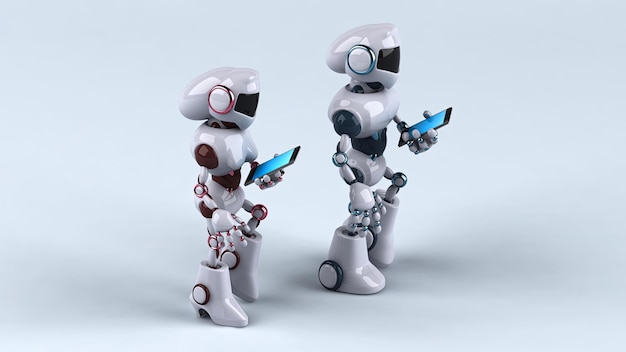 Un robot 3D amusant qui marche et utilise un smartphone