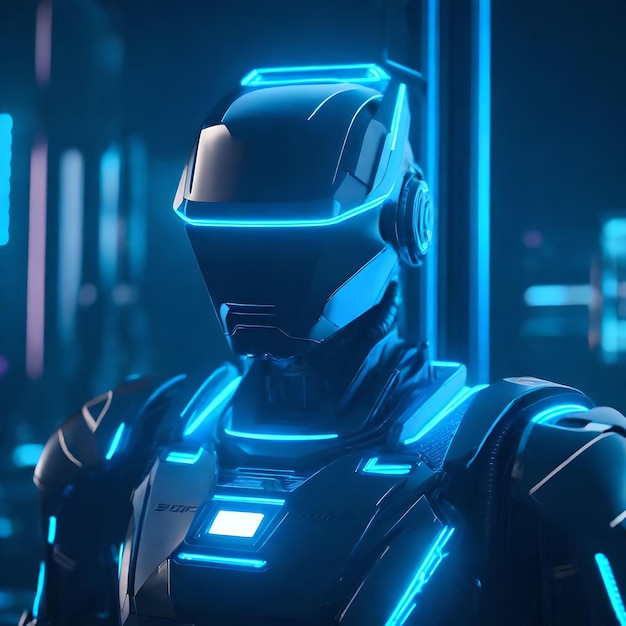 Robot en 3D caractère bleu marine avec lumière bleu clair lumière néon avec foudre logo futuriste