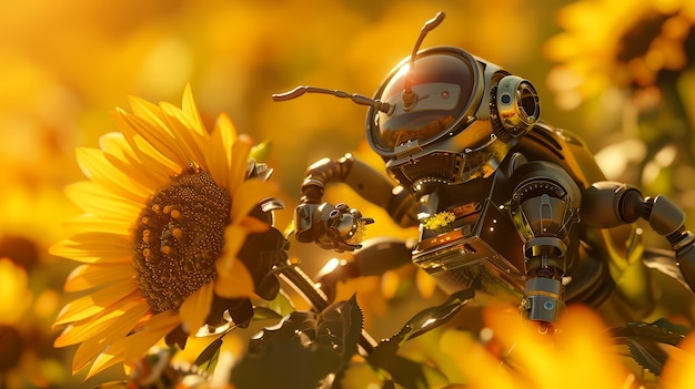 Photo un robot-abeille occupé à recueillir le pollen de tournesols jaunes vibrants dans un jardin d'été luxuriant