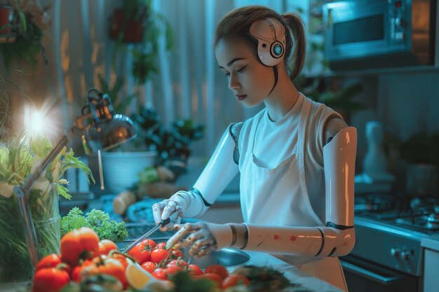 Photo un robot achète des légumes dans une épicerie.