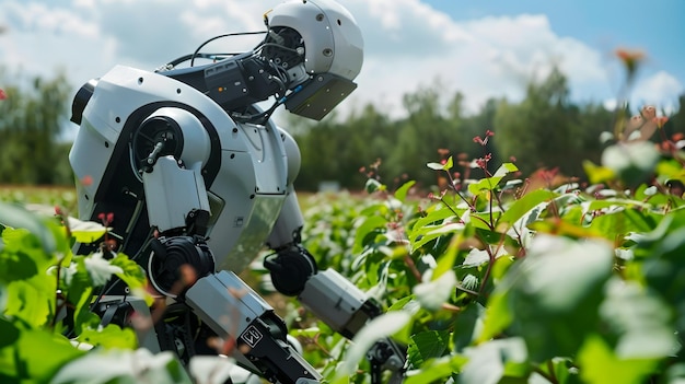 Photo un robot agrotechnique innovant s'occupe des récoltes dans un champ vert luxuriant et durable