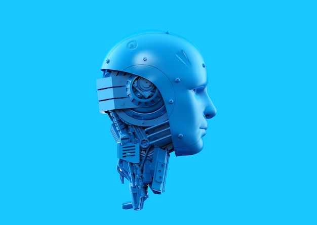 Robot ai bleu de rendu 3D à une seule couleur sur fond bleu