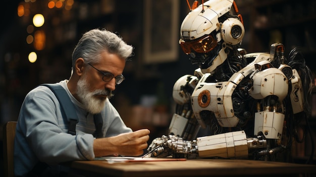 Un robot aide un homme à réparer des objets dans un atelier