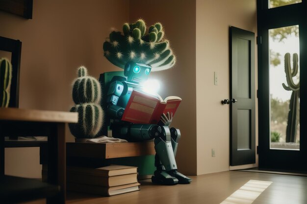 Le robot Android lit un livre assis sur un banc dans la bibliothèque IA générative