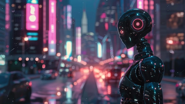 Un robot androïde futuriste avec des yeux brillants sur les lumières nocturnes de la ville.