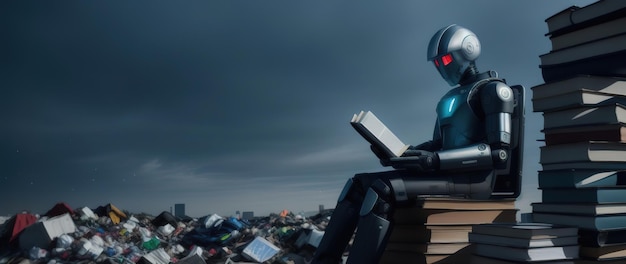 Un robot androïde lit un livre assis sur un banc sur fond de dépotoir