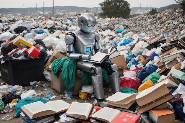 Un robot androïde lit un livre assis sur un banc sur fond de dépotoir