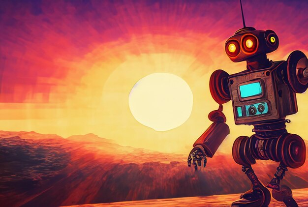 un robot des années 1930 entrant dans le coucher du soleil affiche de film vintage art numérique