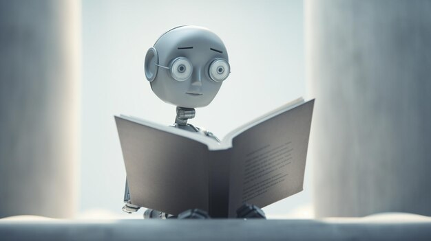 Photo un robot arafed lisant un livre dans une pièce avec une fenêtre générative ai